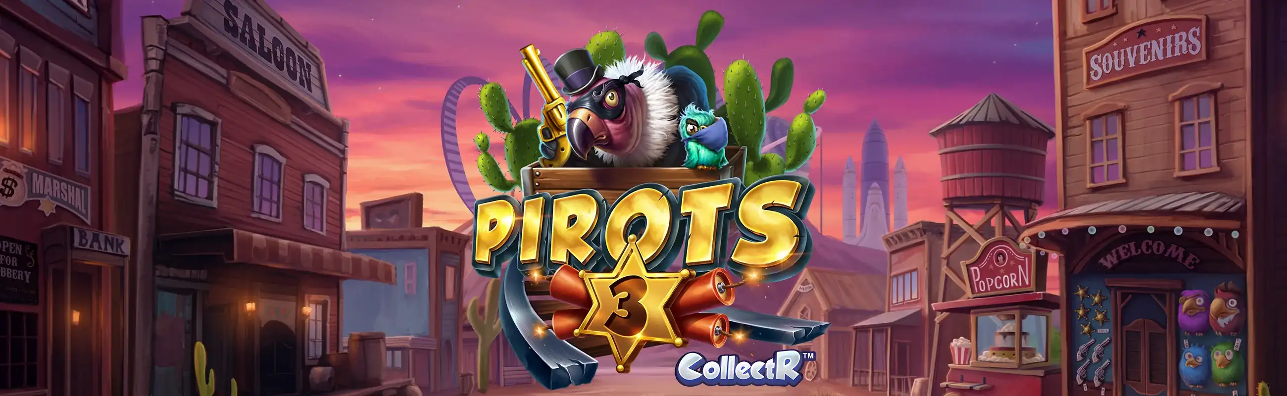 Pirots 3 Wildwest-Werbebanner mit dem Banditen