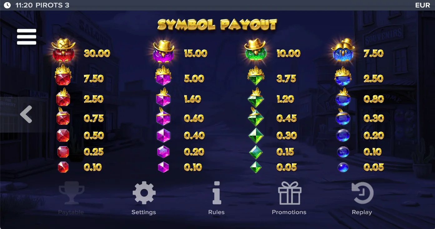 Pirots 3 paytable 9